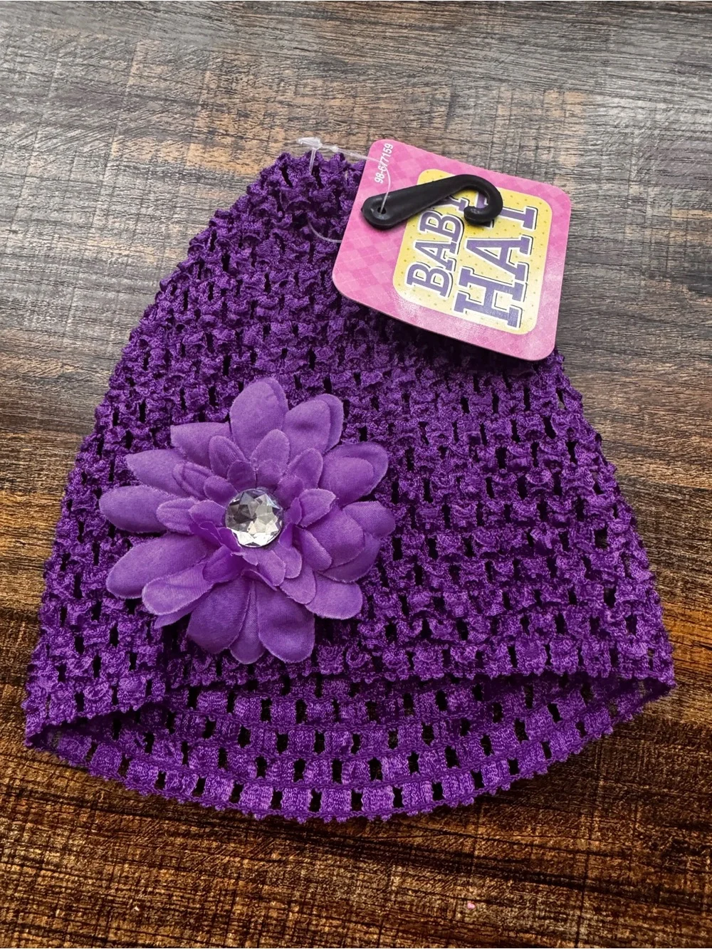 New Baby Girl Purple Crochet Beanie Hat with Flower Rhinestone NWT